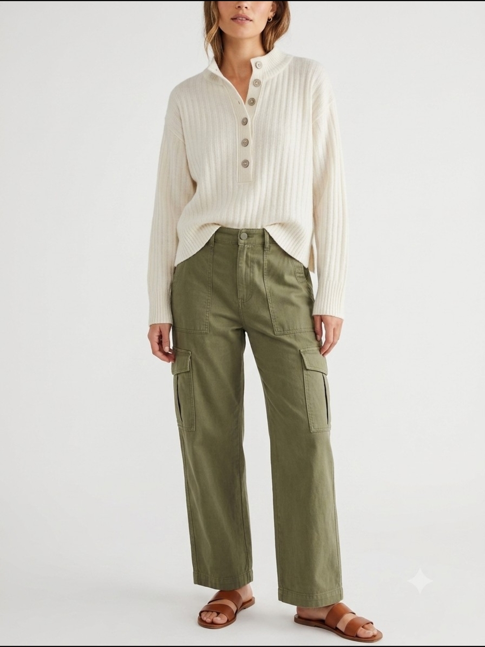Free People Cream Ribbed Henley Sweater